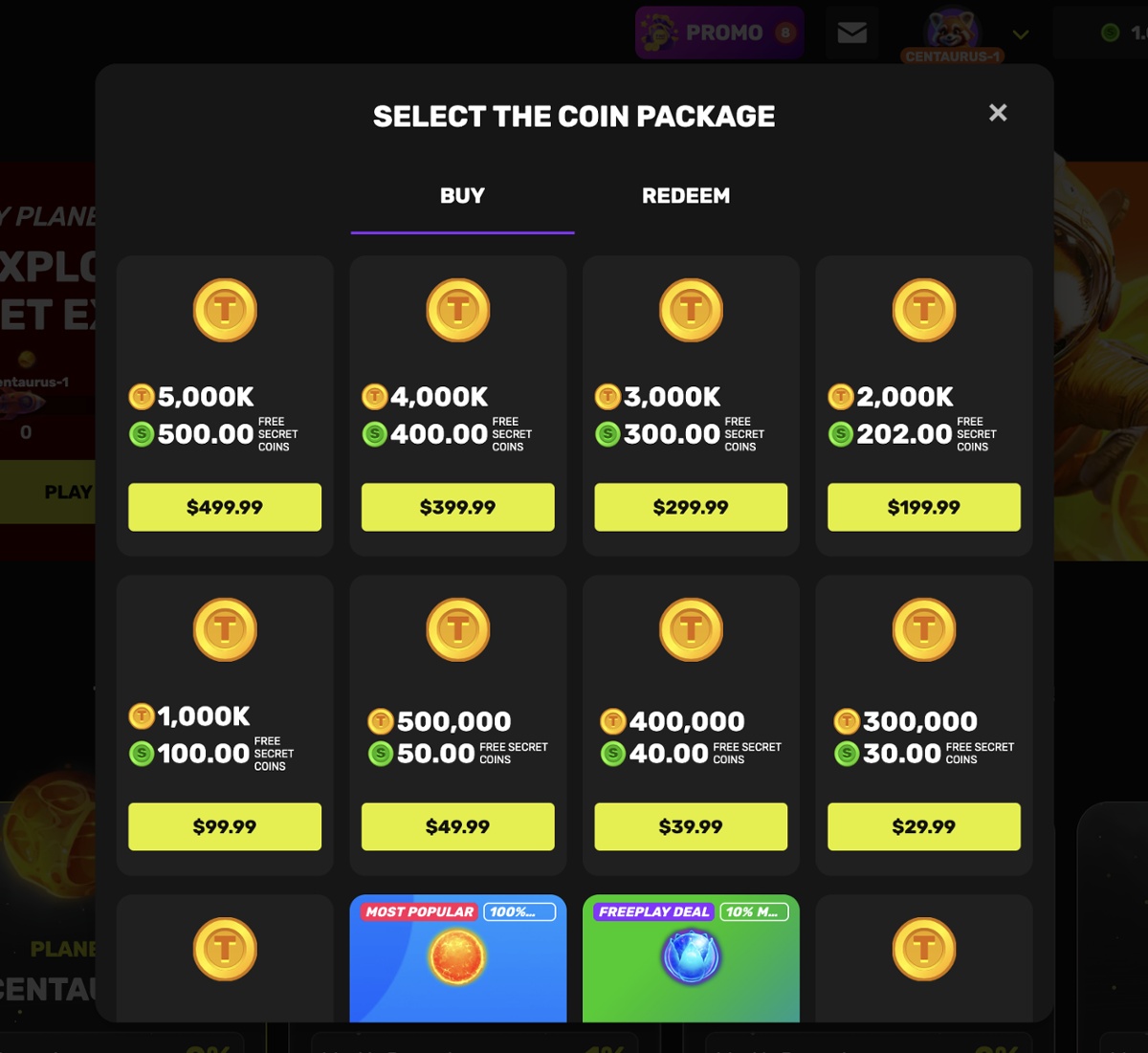 A menu shows the coin packages available at TaoFortune right up to $499.99.
